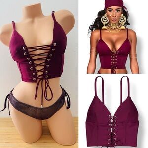 B FYNE Tahlia Lace Up Corset Swim Top & VS Pink Bikini Bottom Burgundy S
